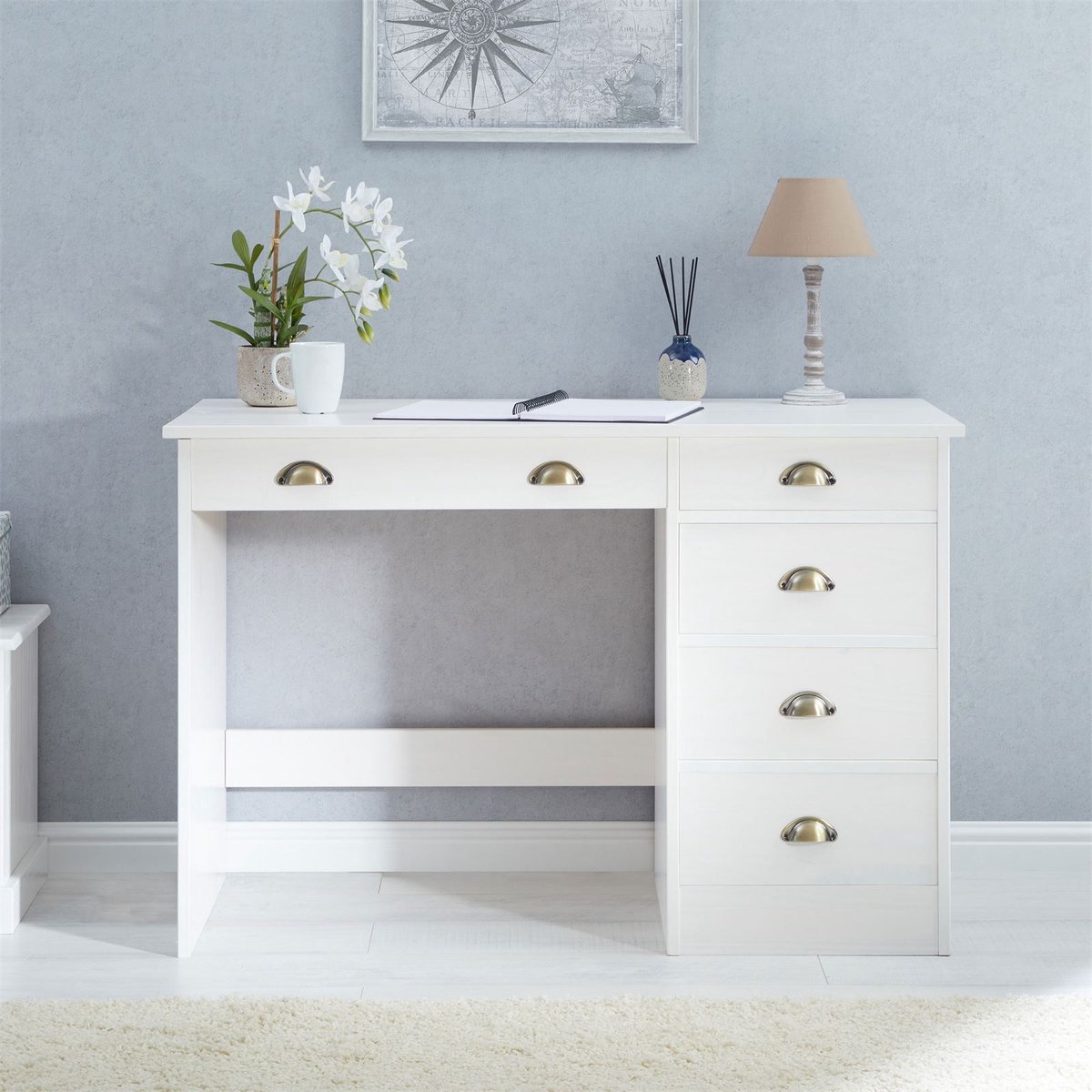 IDIMEX LANA-bureau met 5 lades van massief hout – wit