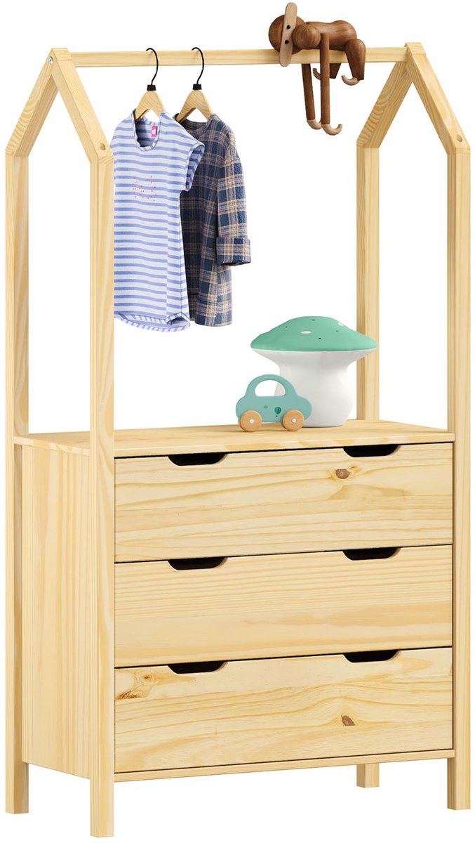 Kindercommode AMIRA met kledingstang in de vorm van een huis - moderne kindercommode van grenenhout Hoofdafbeelding