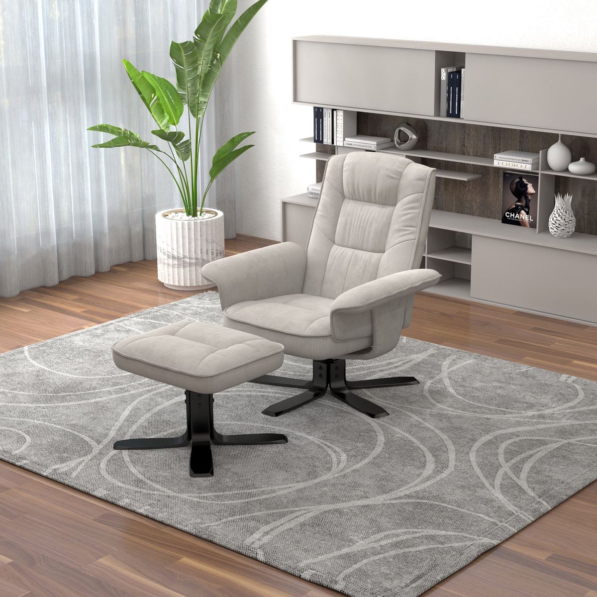 IDIMEX Relaxstoel CHARLY met voetenbankje van corduroy – wit