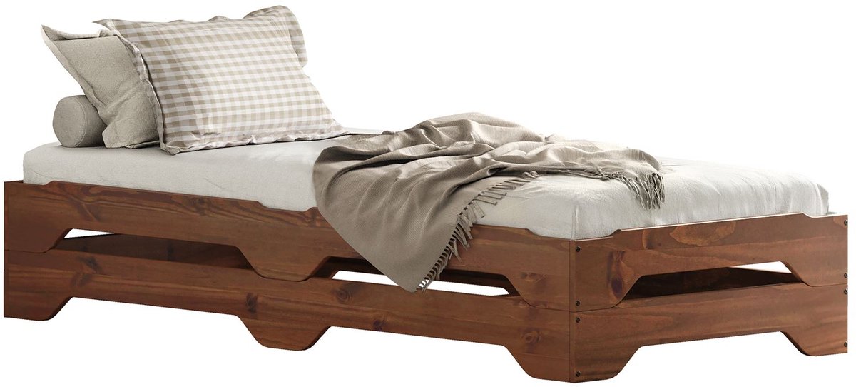 Stapelbed set van 2 logeerbedden RONNY eenpersoonsbed stapelbed massief grenen kastanjekleurig bed 90x200 cm kinderbed jeugdbed