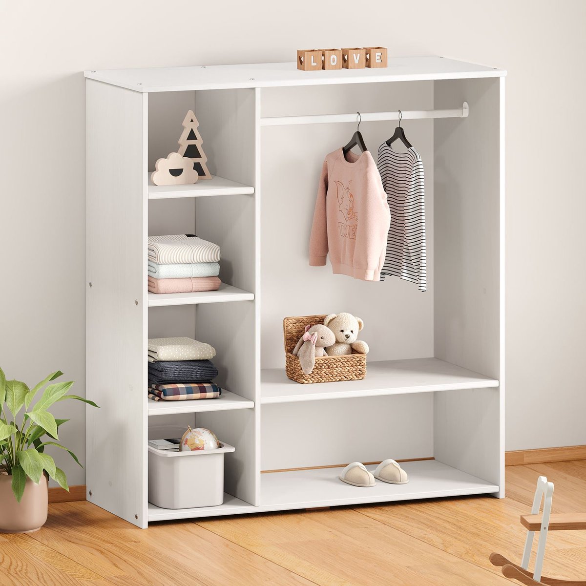 Kinderkledingkast RAFAEL met kledingstang van grenenhout - wit. Open garderobekast met vakken en legplanken, Scandinavisch design, kinderrek volgens Montessori-principes - hoofdafbeelding