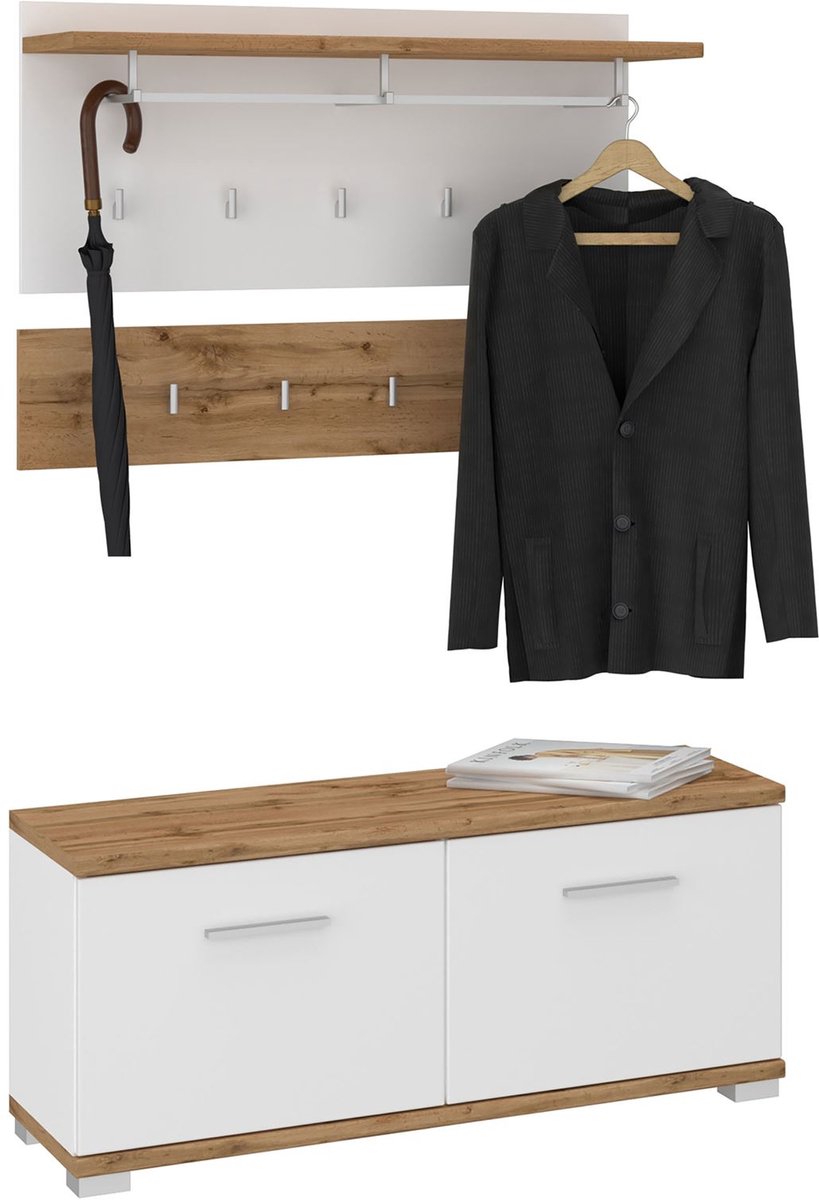 Garderobeset BILBOA van MDF/spaanplaat in Wotan eik/wit, 2-delige set met bank en hangkast