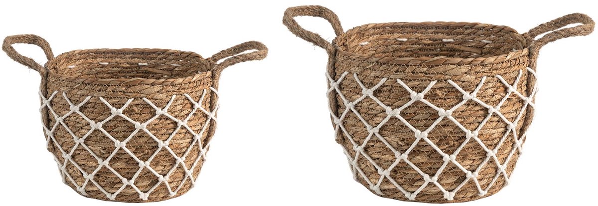 Opbergmand TAO set van 2 manden van zeegras en details van katoentouw wit naturel/wit decoratieve handgrepen boho plantenmand natuurlijke decoratie - hoofdafbeelding