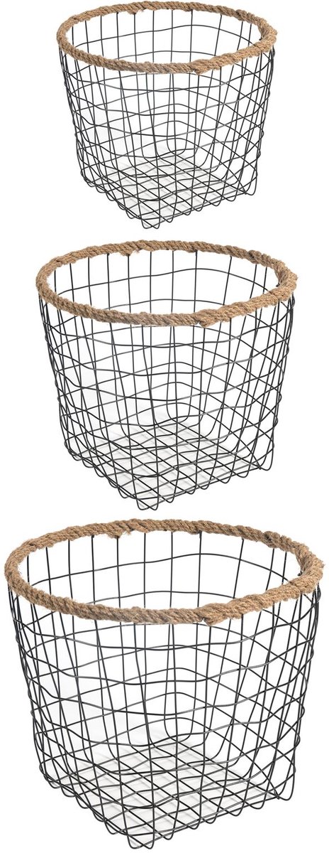 Metalen manden SINO set van 3 zwart met hennepvlechtwerk. Veelzijdige opbergmanden, fruitmand, handdoekenmand, keukenmand van gaas, metalen mand - Hoofdafbeelding