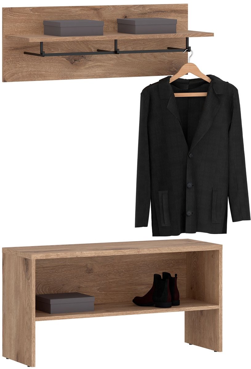 Garderobeset MALEA met wandgarderobe en bank van spaanplaat in eiken Viking. Met kledingstang en schoenenrek [draagvermogen bank 100 kg] [draagvermogen wandpaneel 5 kg] - Hoofdafbeelding sfeerbeeld