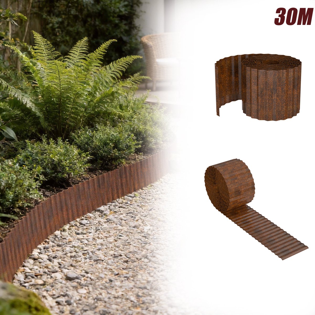 Aufun 3 Stuks Gazonrand 10 m - Roestkleur - 15cm Hoog - Gegalvaniseerde maairand - Voor tuin en gazon