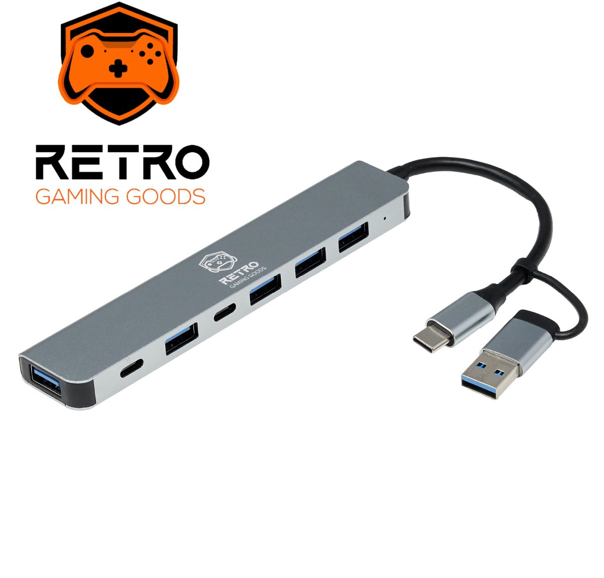 Retro Gaming Goods® USB hub 7 poorten - USB C hub - docking station - USB splitter – zilver