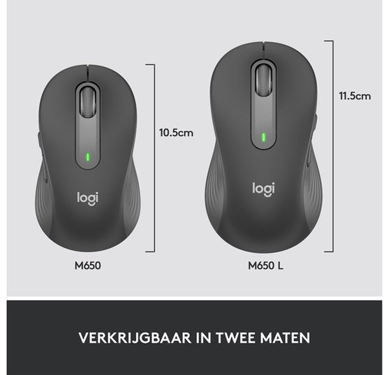 Twee Logitech M650 muizen, de ene 10.5cm en de andere 11.5cm, naast elkaar.