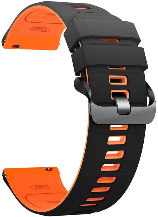 Zwart en oranje siliconen horlogebandje, 22mm, met gesp en gatenpatroon.
