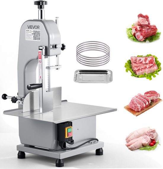 Grijze Vevor vleeszaagmachine met botten, ribben, biefstuk en varkenspoten.