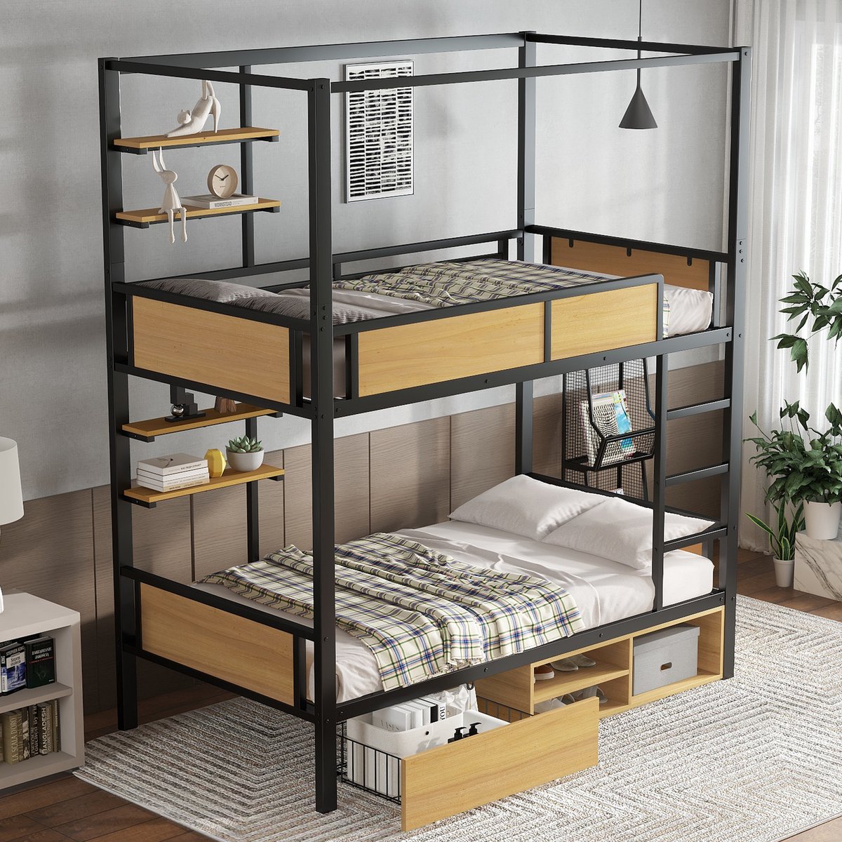MODFU Etagenbed 90x200 cm – Zwart/naturel met opbergruimte & lades – FSC Zwart + natuurlijke