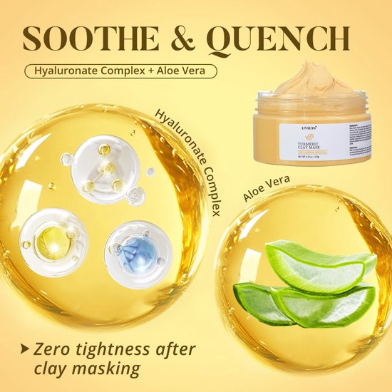 Gele pot met "Soothe & Quench" Turmeric Clay Mask. Grote bubbels tonen Hyaluronaat Complex en Aloë Vera. Kleine pot op de achtergrond.