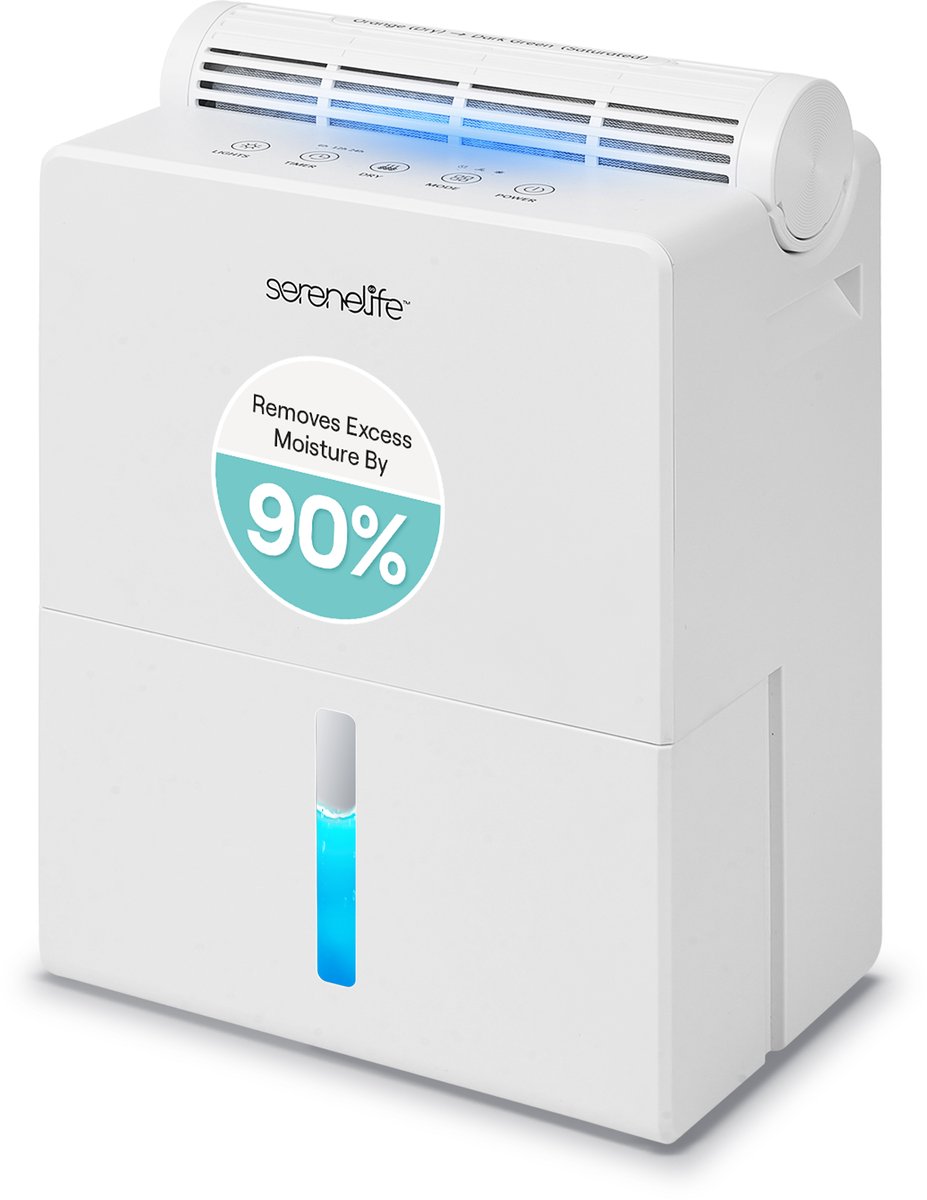 SereneLife Luchtontvochtiger – Stille ontvochtiger met uitneembare cilinder voor kleine ruimtes – Met timer, slaapmodus en slimme luchtvochtigheidsregeling – Wit