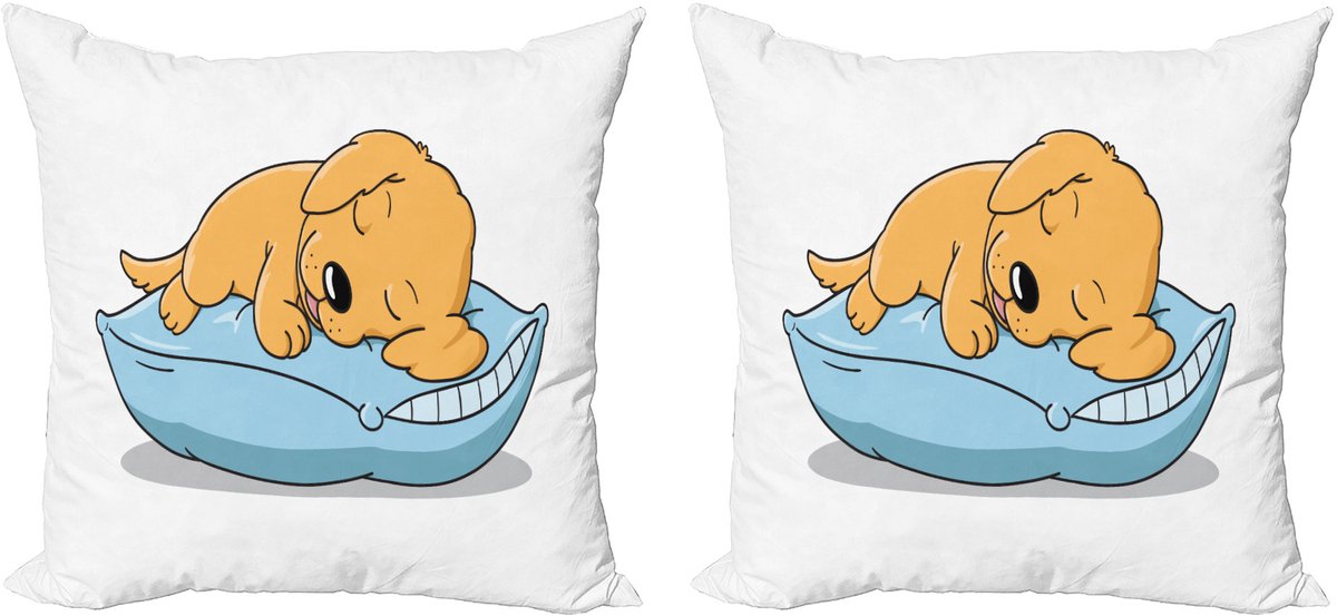 ABAKUHAUS Sierkussenhoes met Golden Retriever-print, set van 2, slapende puppy, 45x45 cm, lichtoranje babyblauw