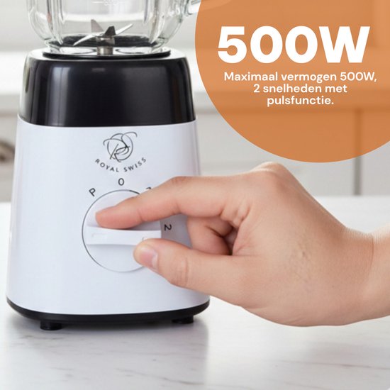 Royal Swiss - Blender –1,5 Liter - 500W - Smoothie Blender - RVS Mes - Pulse Functie van Royal Swiss — afbeelding 4