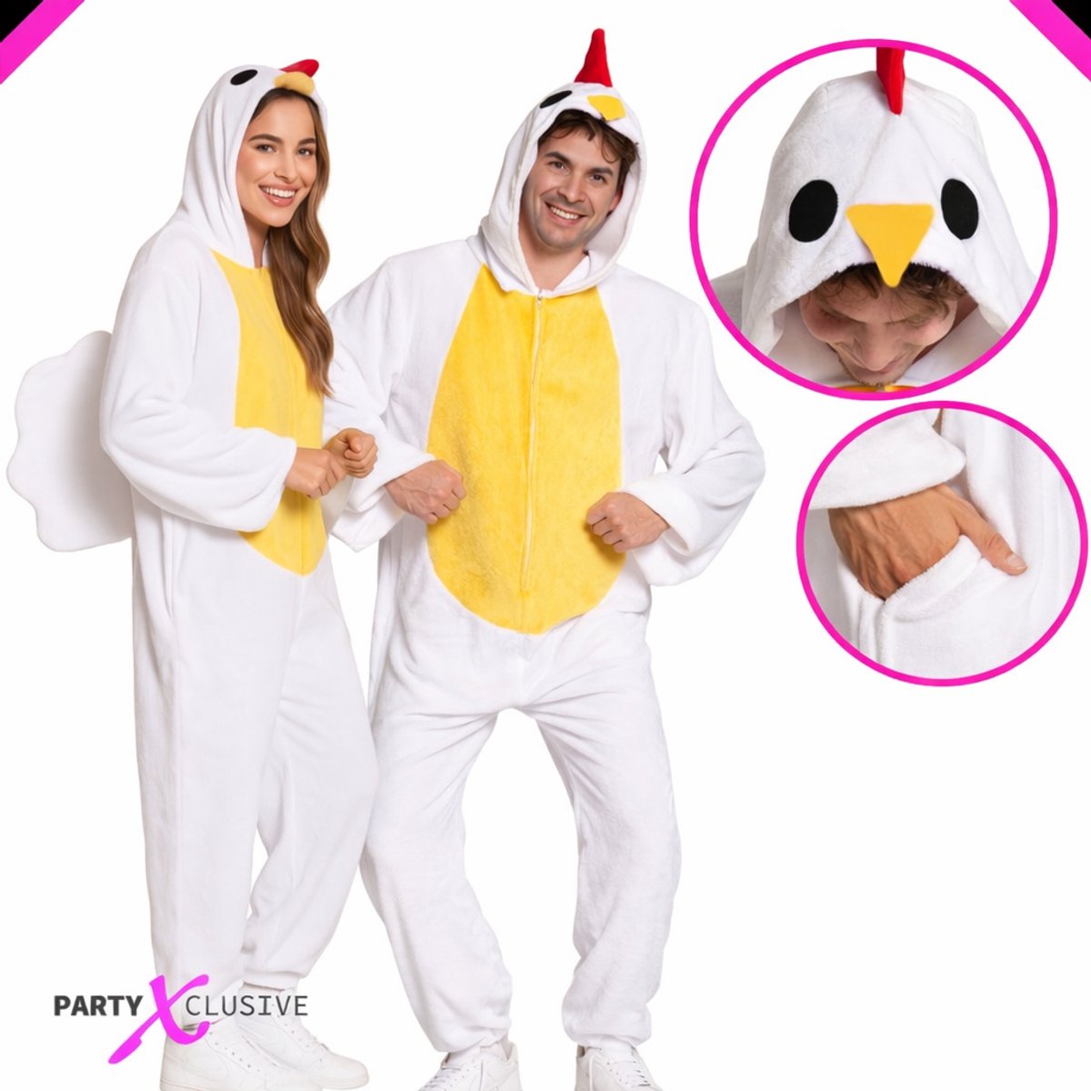Partyxclusive Kippen Onesie Dieren Onesie Dieren Kostuum Carnavalskleding Carnaval kostuum verkleedkleding Volwassenen - Onesie - Wit - Unisex - Polyester - Onesize