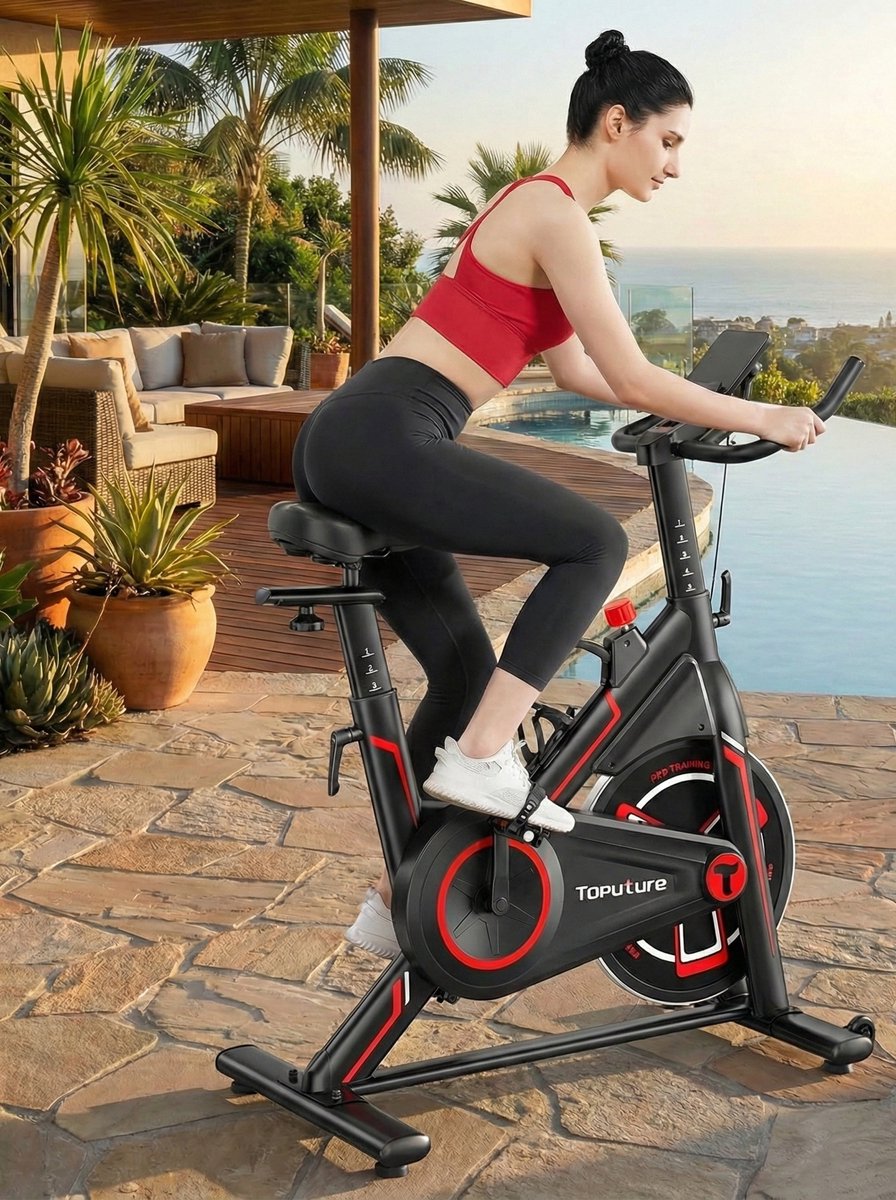 Hometrainer met Magneetweerstand – Stil en Ergonomisch Fitnessfietstraining voor Binnen, 15 kg Vliegwiel, 0-100% Instelbare Weerstand, LCD Monitor, Tablethouder & Bekerhouder – Designbest Rood
