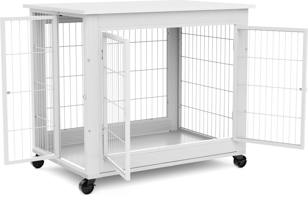 Hondenbench in Meubelstijl - Hondenkennel Tafel van Hout met Dubbele Deur en Openklapbaar Dak - Binnenhok voor Honden met Wielen - Wit - 80 x 56 x 69,5 cm