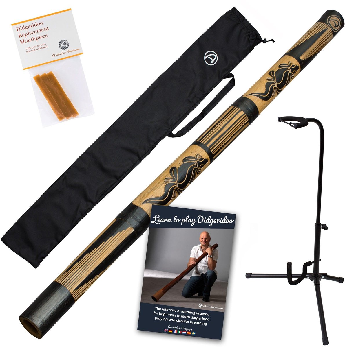 Bamboe Didgeridoo – Carved, met Tas, Bijenwas en Online Cursus