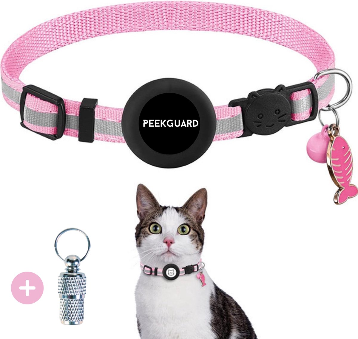 PEEKGUARD® Halsband voor katten - Kattenhalsband geschikt voor Apple AirTag - Kattenbandje Reflecterend en Comfortabel - Veiligheidssluiting en Waterbestendig - Halsband Kat Incl. Adreskoker - Candy Roze