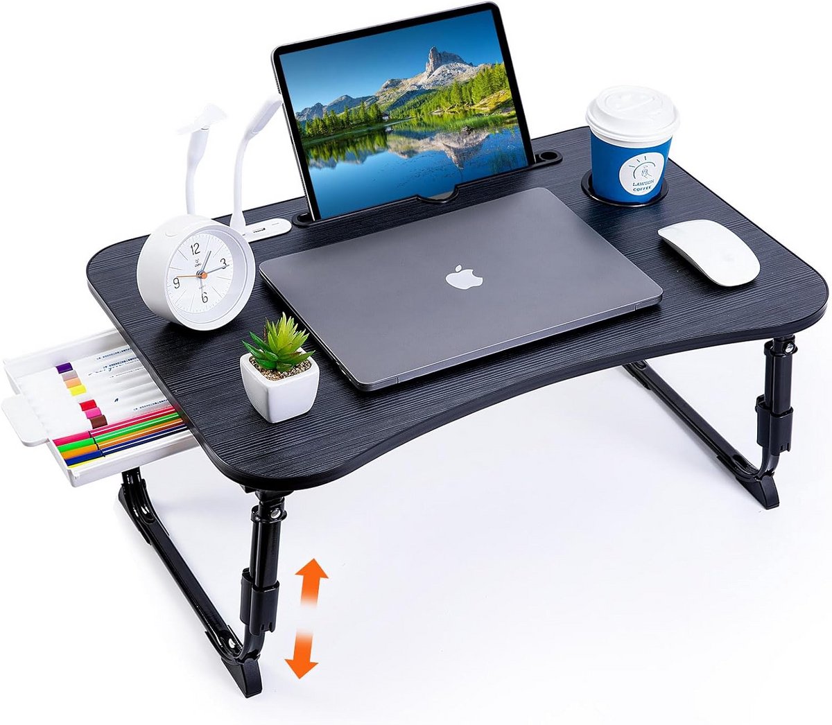 In hoogte verstelbaar laptopbureau voor bed - Opvouwbare bureaustandaard met USB, opberglade en bekerhouder