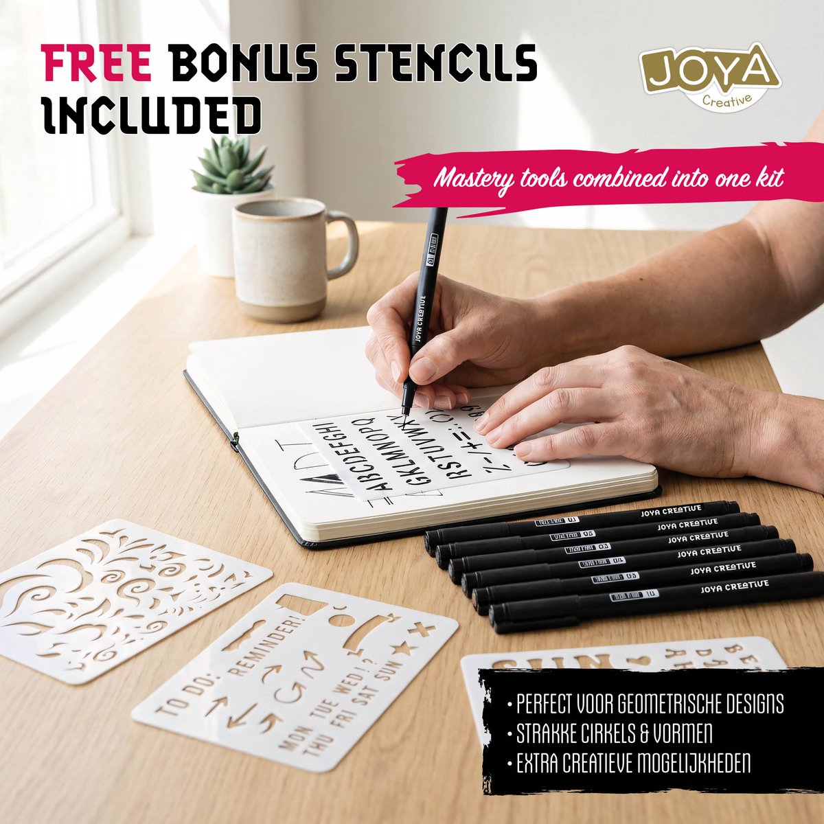 Joya Creative Fineliners Zwart Set - 10 Fineliners met Verschillende Diktes - Pen Case - Schetsboek - Brush Pen - Handlettering en Manga Tekenen — afbeelding 2