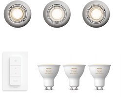 Philips Hue Peridot Set van 3 Inbouwspots (Nikkel) – Rond – Richtbaar – GU10 – Warm tot Koelwit Licht – Incl. Hue Dimmer Switch – Hue White Ambiance