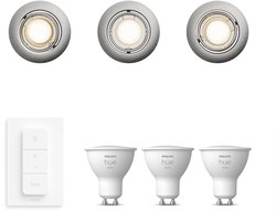 Philips Hue Peridot Set van 3 Inbouwspots (Nikkel) - Rond - Richtbaar - GU10 - Warmwit Licht - Incl. Hue Dimmer Switch - Hue White