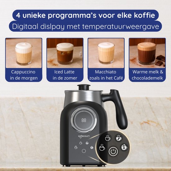 Zwarte melkopschuimer met digitaal display en 4 voorbeelden van koffiebereidingen.