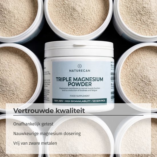 Pot Naturecan Triple Magnesium Poeder omringd door potten met magnesiumpoeder. Tekst: Vertrouwde kwaliteit.