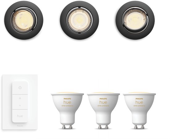 Philips Hue Peridot Set van 3 Inbouwspots (Zwart) - Rond - Richtbaar - GU10 - Warm tot Koelwit Licht - Incl. Hue Dimmer Switch - Hue White Ambiance