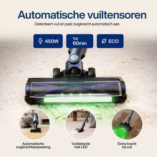 Automatische zuigkrachtaanpassing: de borstel met LED-lampjes detecteert vuil en past de zuigkracht aan.