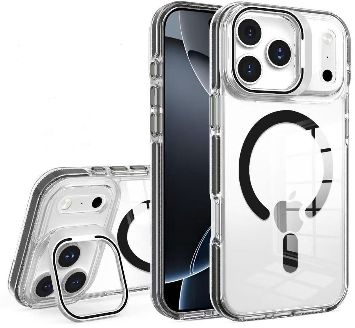 Blijvend Transparante MagSafe Telefoonhoes – Shockproof Back Cover met Camera Bescherming & Ingebouwde Standfunctie – Geschikt voor iPhone 17 Pro Max