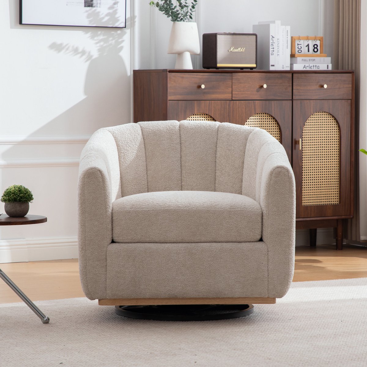 Moderne chenille gepolsterte Hocker mit Metallfuß, 360° draaifunctie, gepolsterter Fass-Sessel met kwastjes versiering, pompoenvormige clubfauteuil voor woonkamer, familiekamer, slaapkamer, lounge, Beige
