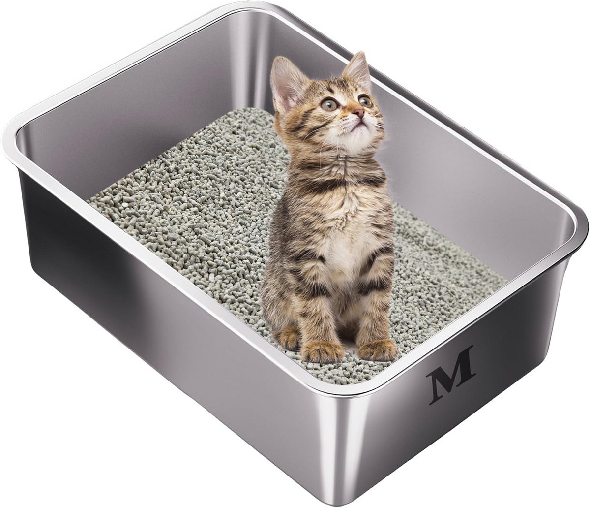 Roestvrijstalen kattenbak met hoge zijkanten voor kleine katten en huisdieren, 45 x 35 x 15 cm