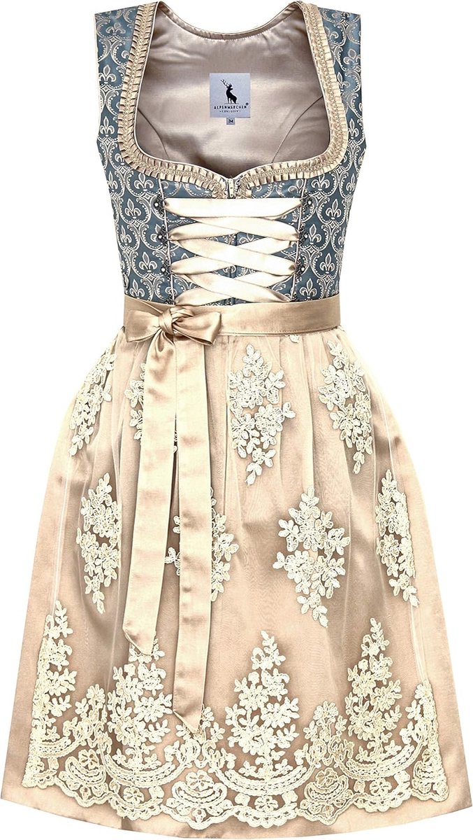 Elegante midi-dirndl met kanten schort, maat 32 - 54