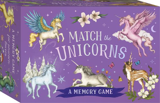 Een paarse doos voor het spel 'Match the Unicorns'. Meerdere eenhoorns in verschillende kleuren en stijlen, bloemen en sterren.