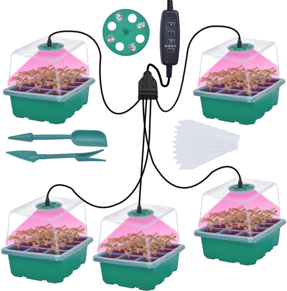 MUPOO Kweekbak met Groeilamp en Timer - Moestuin Kweekkas met Hoge Deksel - full spectrum -Zaaitrays voor Zaailingen - Verstelbare Ventilatie - Full Spectrum LED - Voorgroeien - Binnenkweken - 5 pack