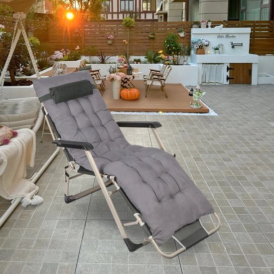 Linkforu - Opvouwbare - Ligstoel - Campingstoel - Tuinstoel - Verstelbare Rugleuning - Relaxstoel met Kussen - Grijs van Merkloos — afbeelding 2