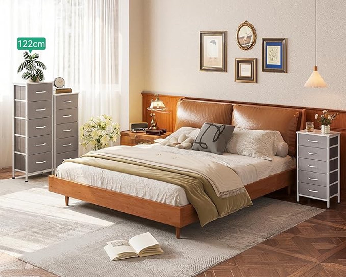 Thuys Commode met 5 Stoffen Lades – 40x30x120 cm, Slanke Ladekast voor Slaapkamer & Woonkamer met Verstelbare Poten & X-Balk | Lichtgrijs