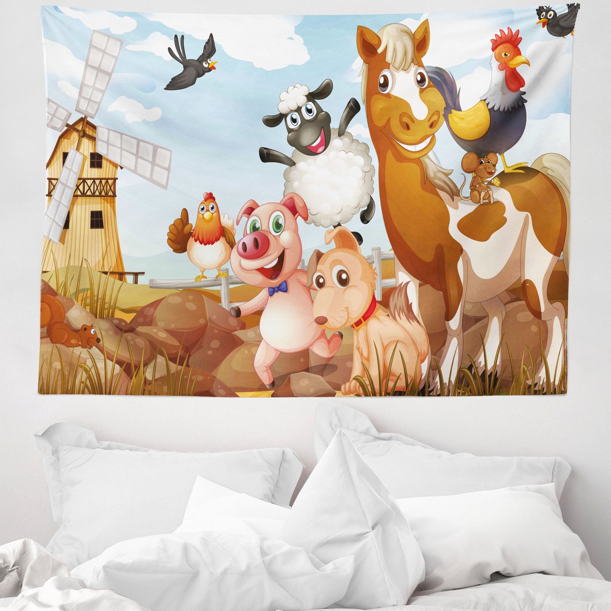 ABAKUHAUS Kinderwandtapijt, afbeelding van boerderijdieren, 150 x 110 cm, lichtblauw en bruin