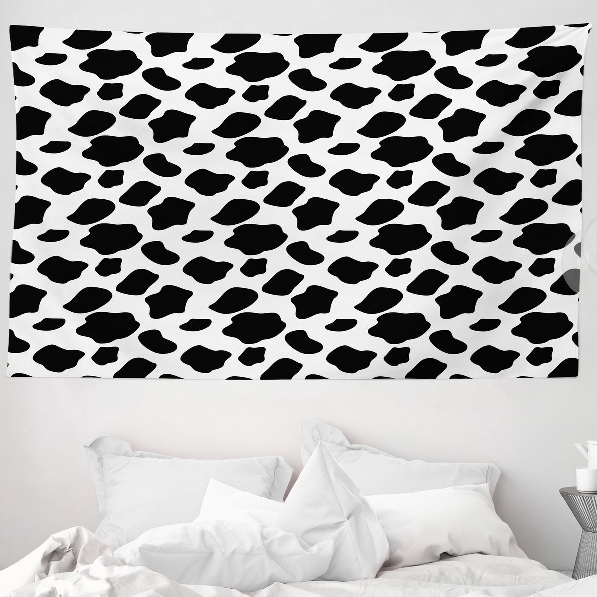 ABAKUHAUS Wandtapijt met koeienprint, koeienhuidpatroon met verspreide stippen, 230 x 140 cm, wit zwart