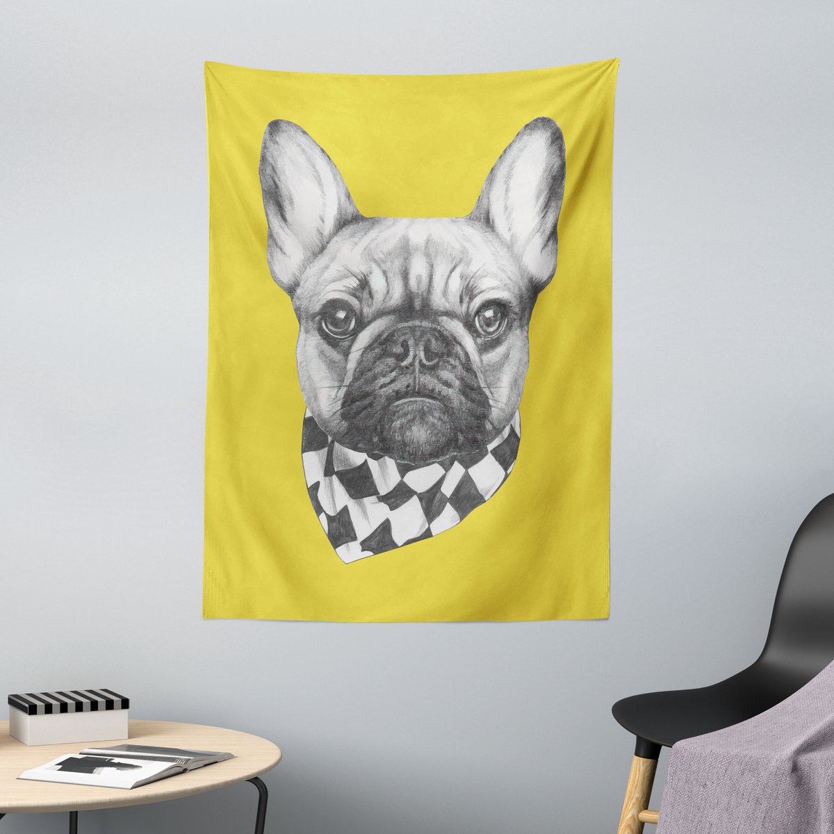 ABAKUHAUS Bulldog Wandtapijt, Frans ras, 110 x 150 cm, licht aardegeelgrijs Licht aardgeelgrijs
