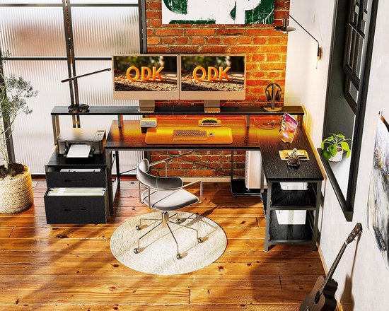 L-vormig gamingbureau met opbergruimte, 189,3 x 100 cm, omkeerbaar design met LED en USB-aansluitingen, computertafel voor slaapkamer of werkruimte van Merkloos — afbeelding 2