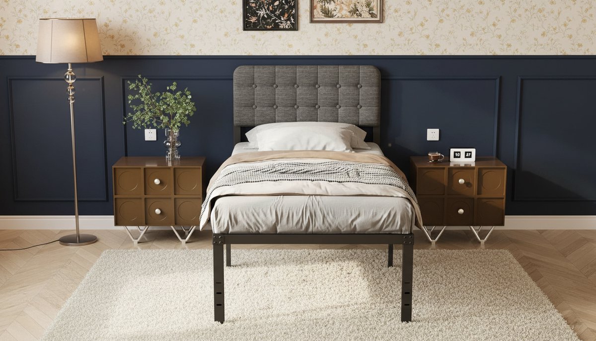 Bedframe 90x190 cm met Gestoffeerd Hoofdbord – Casa Velluto Metalen Eenpersoonsbed met Lattenbodem – Sterk Stalen Bedframe met Opbergruimte 41 cm – Geluidsvrij & Stevig Slaapframe – Eenvoudige Montage – Zwart