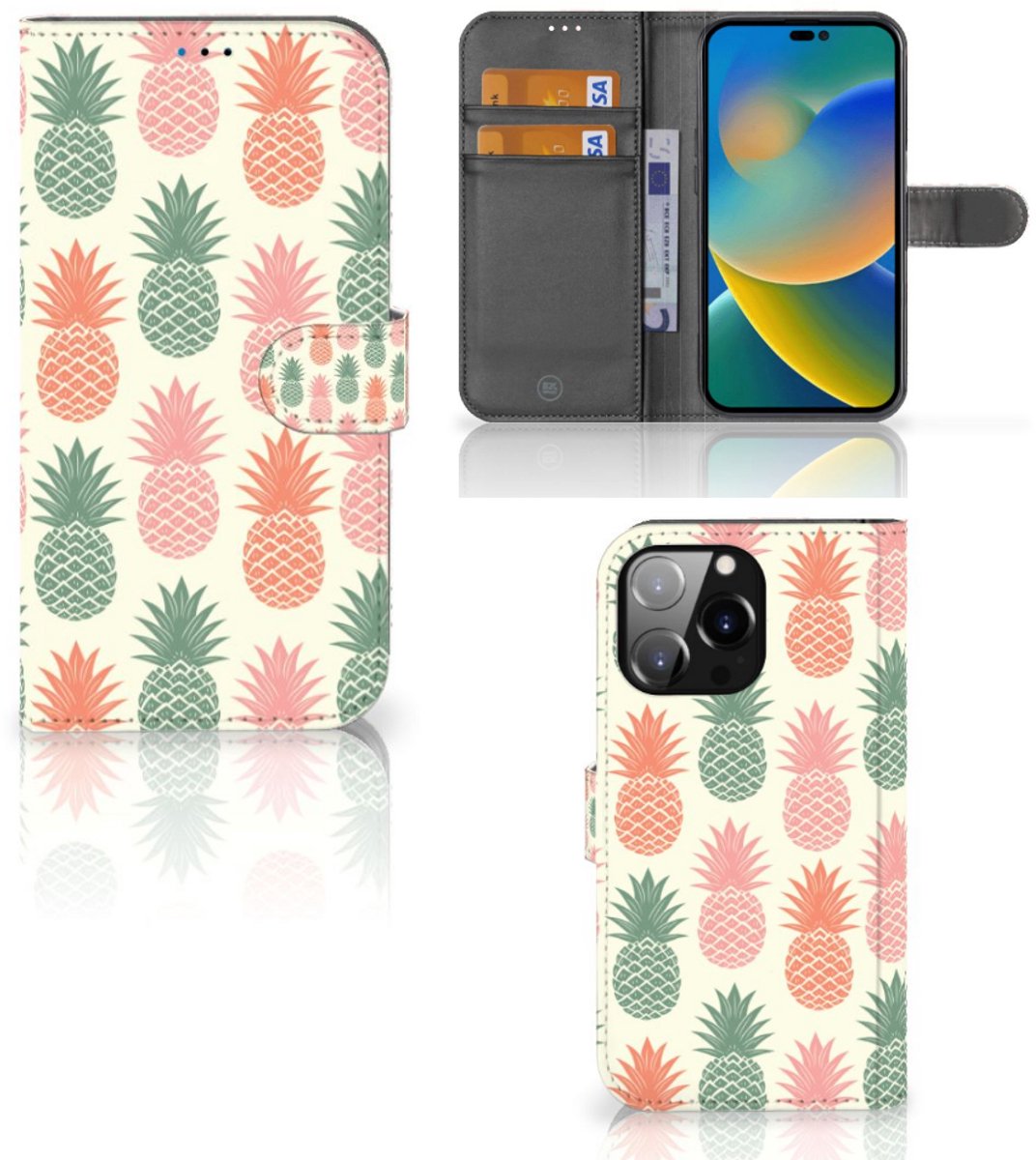 Book Case voor iPhone 14 Pro Max Book Cover Ananas