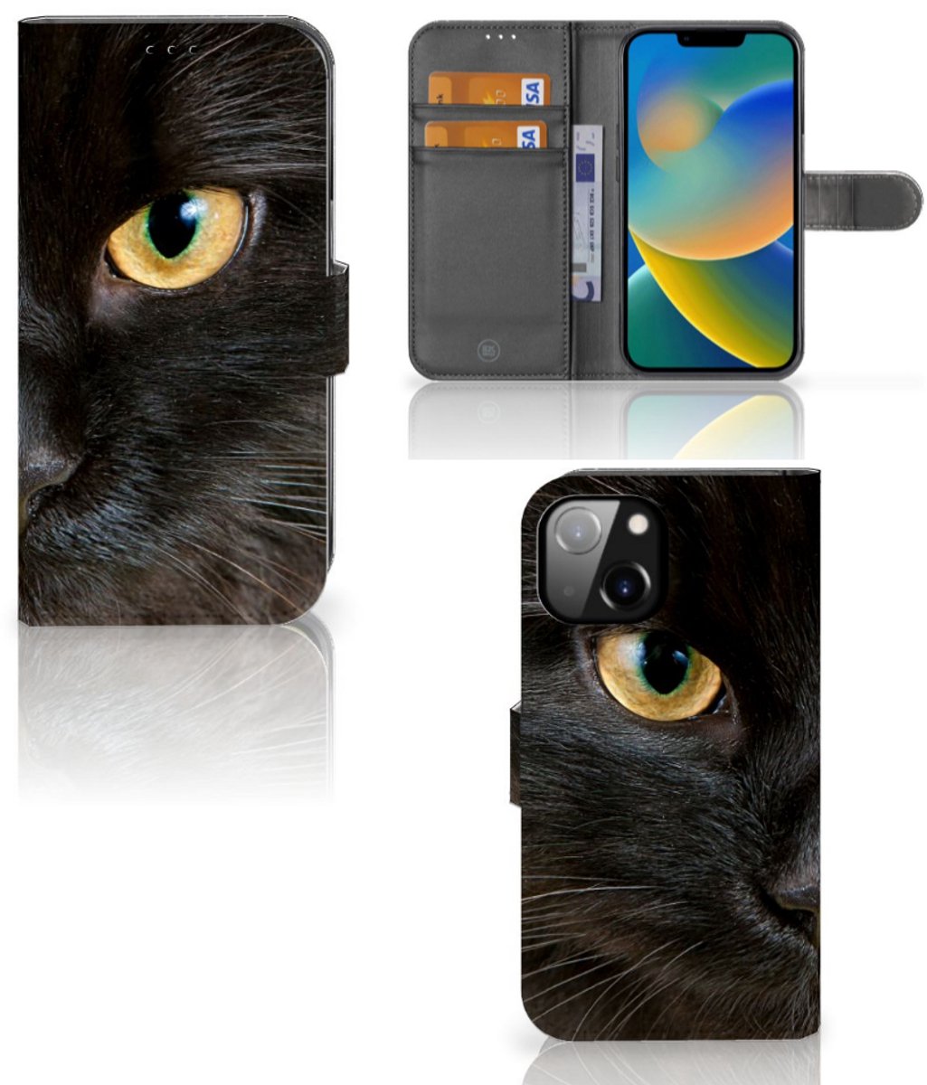 Apple iPhone 14 Telefoonhoesje met Pasjes Zwarte Kat