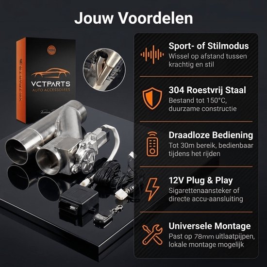 VCTparts Elektrische Uitlaat Kleppensysteem Set 3 inch 78mm met 2x Klem