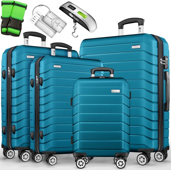 tillvex® reiskofferset 4-delig + bagageweegschaal, 8X kofferriemen & 4X kofferhangers | kofferset 4 wielen | trolley bagage koffer TSA-slot | set koffer met harde schaal S-M-L-XL, legergroen