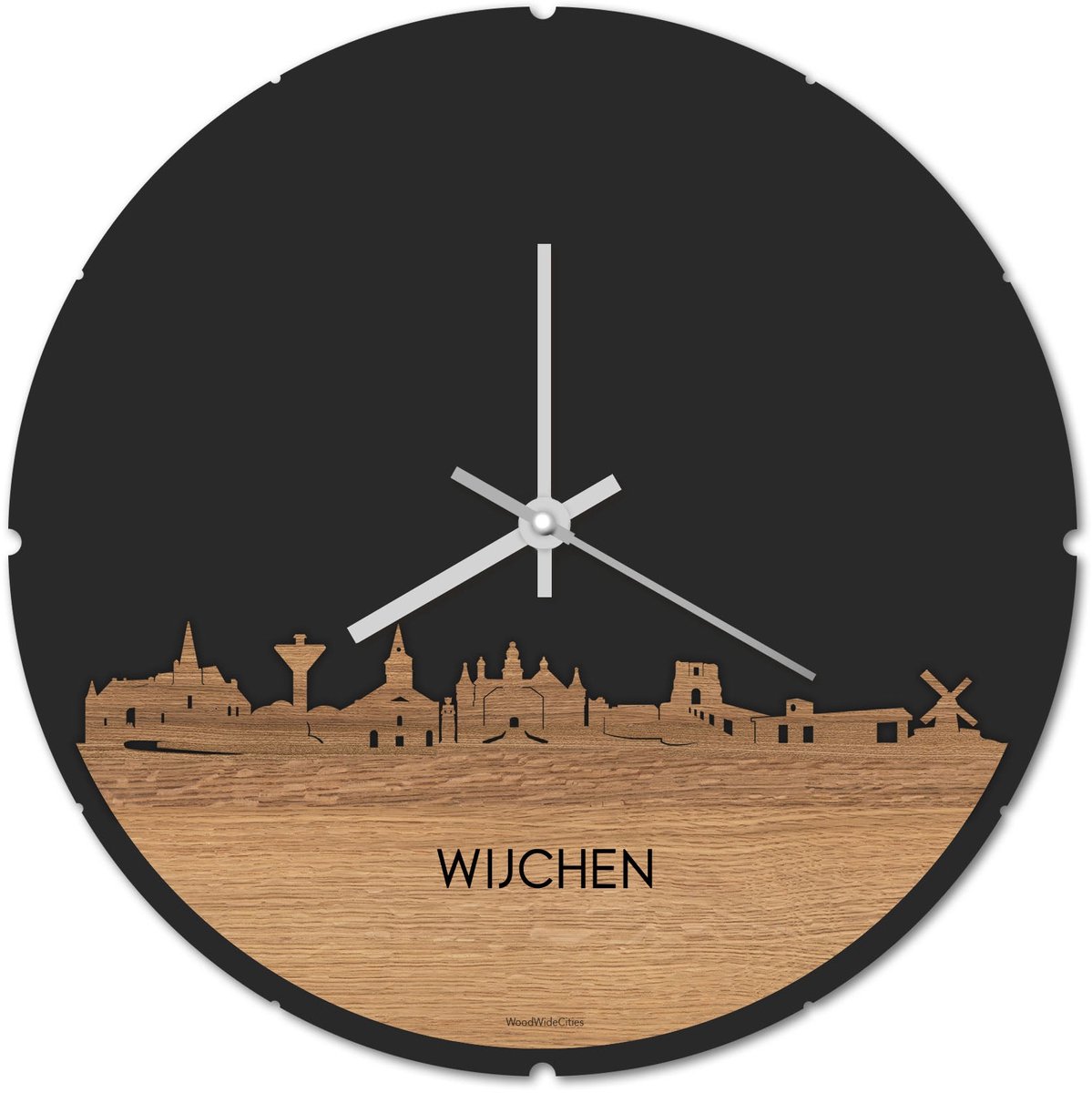 Skyline Klok Rond Wijchen Eikenhout - Ø 44 cm - Stil uurwerk - Wanddecoratie - Meer steden beschikbaar - Woonkamer idee - Woondecoratie - City Art - Steden kunst - Cadeau voor hem - Cadeau voor haar - Jubileum - Trouwerij - Housewarming -